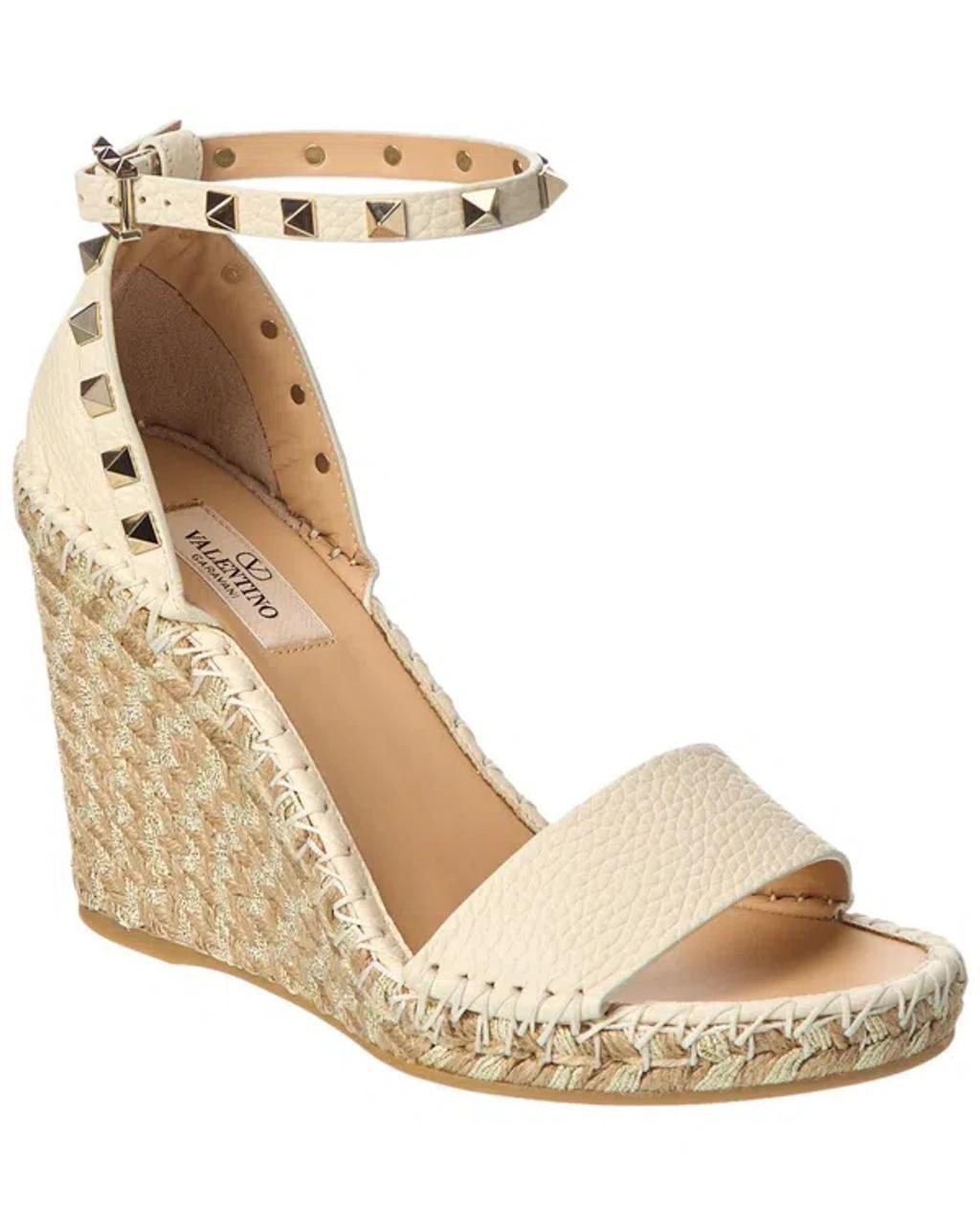 Rockstud 105 Leather Espadrille Wedges In White Product Image