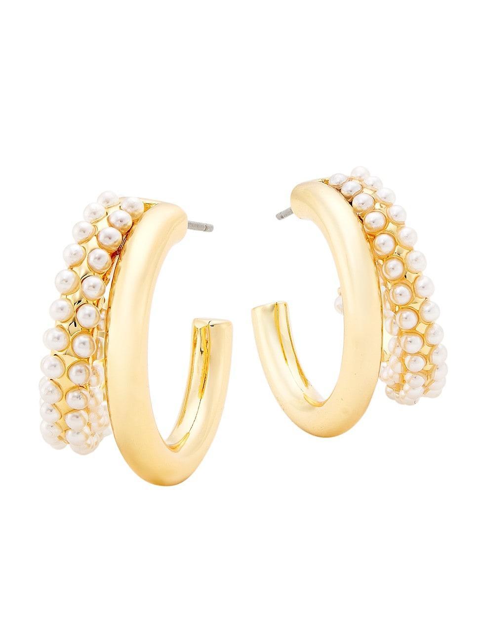 Womens 14K-Gold-Plated & Imitation Pearl Double-Hoop Earrings Product Image