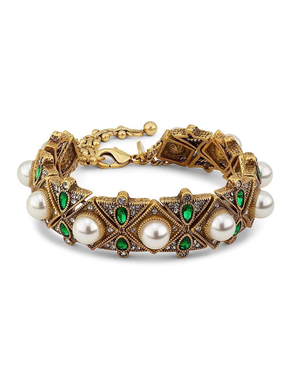 Womens Antique Goldtone, Rhinestone, Faux Emerald & Imitation Pearl Bracelet Product Image