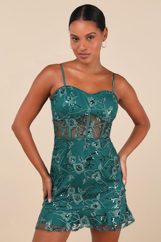 Glittering Delight Emerald Mesh Sequin Embroidered Mini Dress Product Image