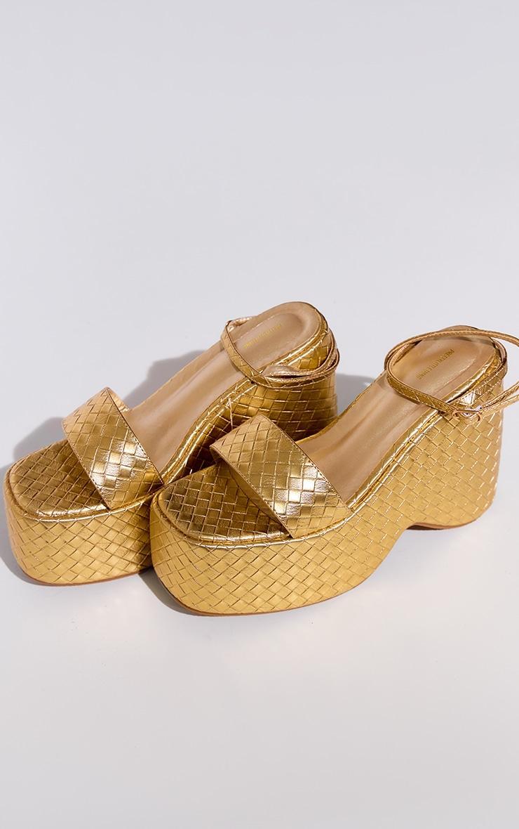 Gold PU Round Toe Woven Wedge Platform Sandals Product Image