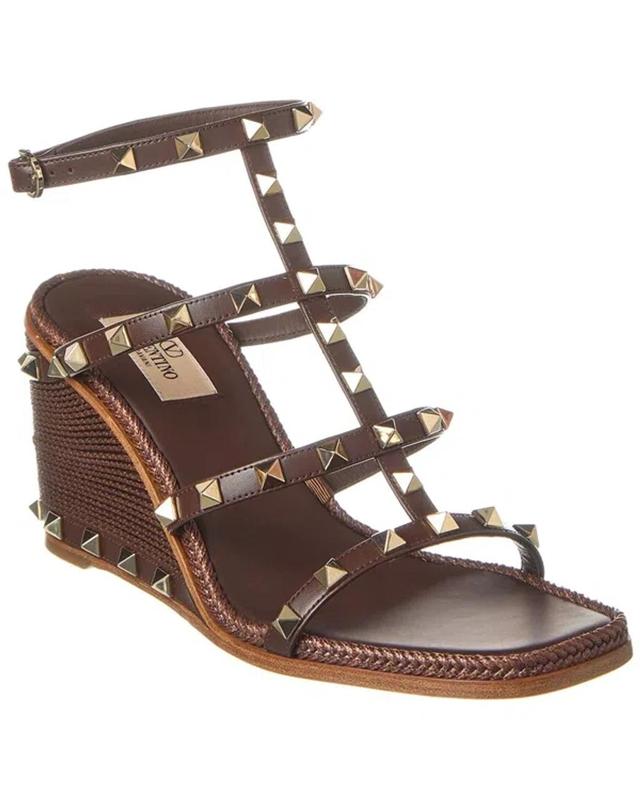 Valentino Rockstud Caged 90 Leather Ankle Strap Wedge Sandal In Brown Product Image