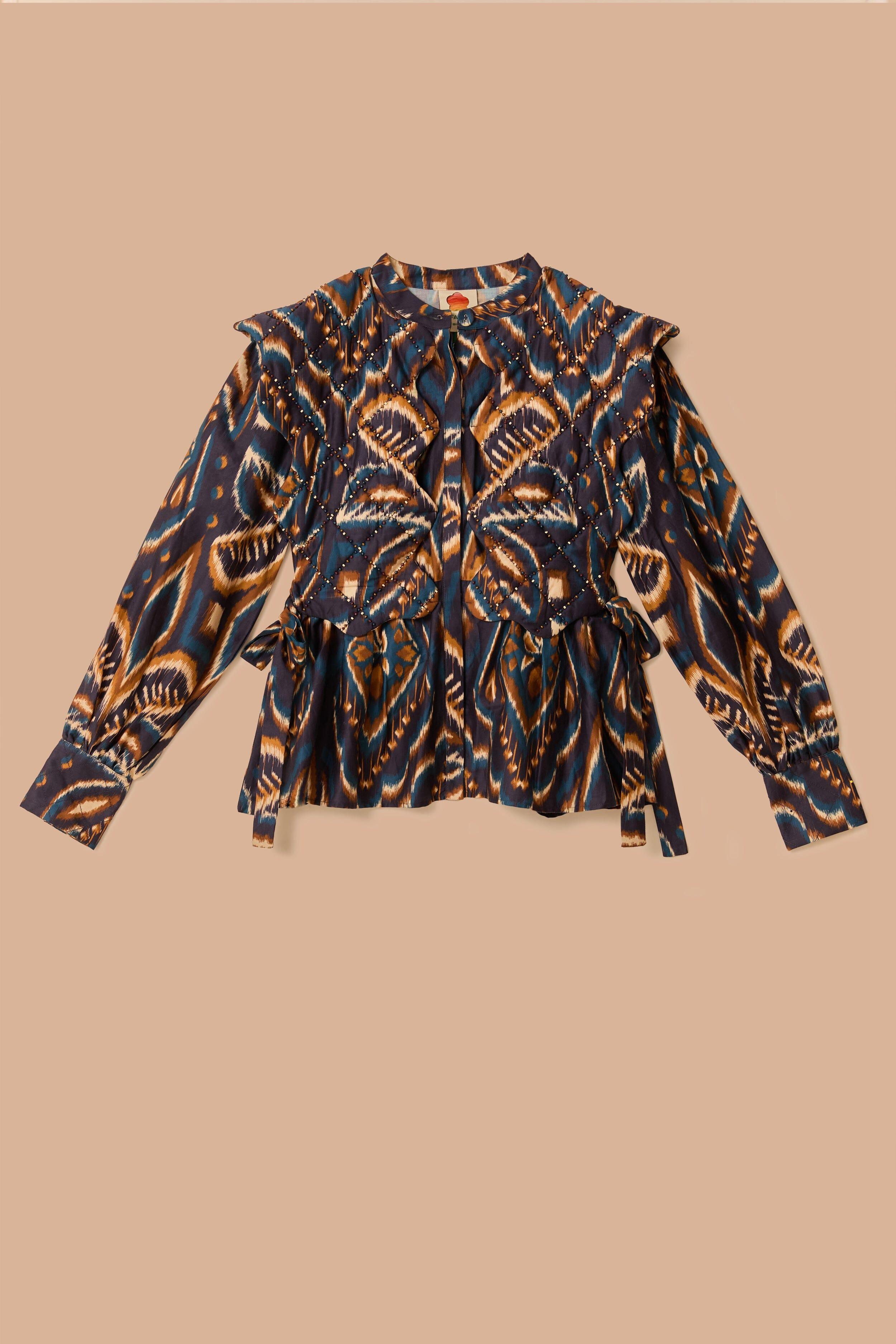 Blue Pineapple Ikat Long Sleeve Matelasse Blouse, PINEAPPLE IKAT BLUE / L Product Image