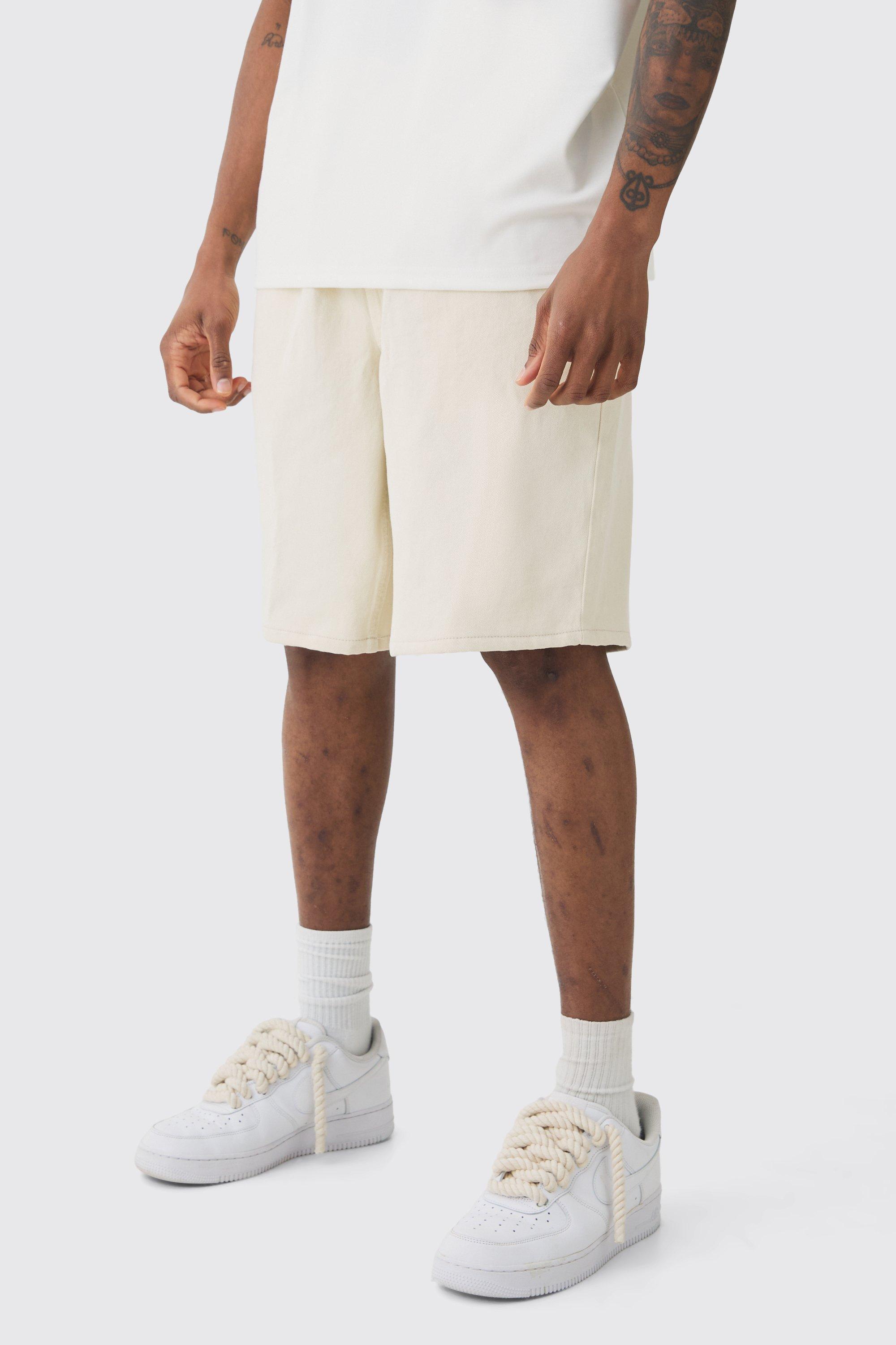 Tall Elasticated Waist Drawcord Detail Slim Fit Shorts In Ecru | boohooMAN USA Product Image