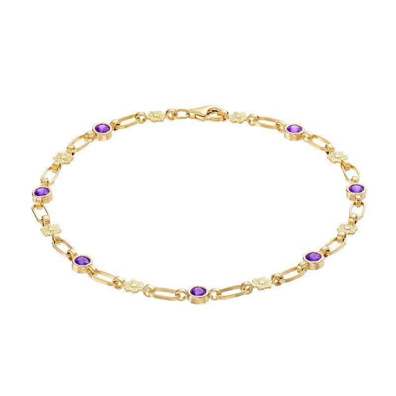 Kristen Kesho Sterling Silver Lab-Created Amethyst Flower Link Bracelet, Womens Gold Tone Product Image