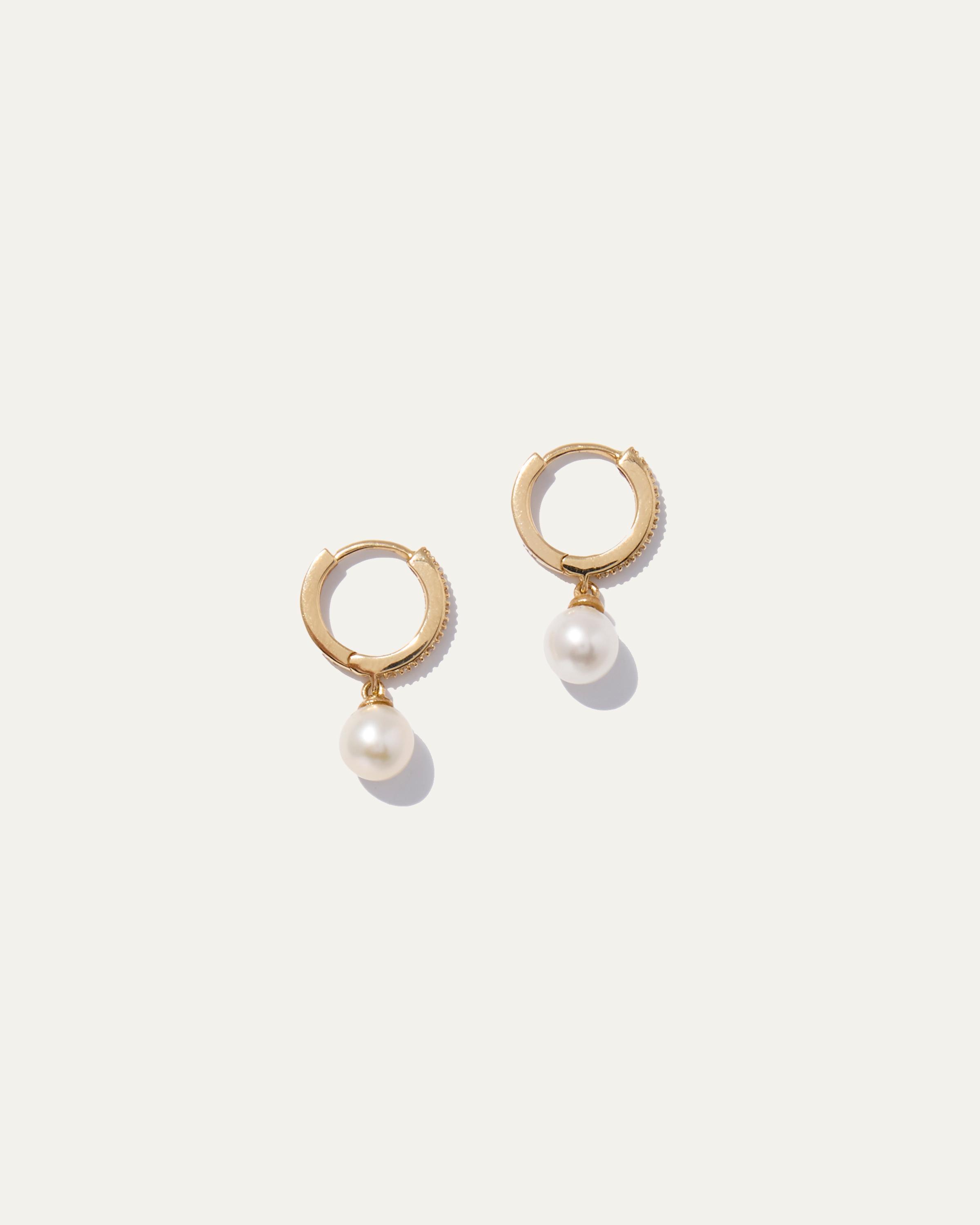 14K Gold Pave Diamond Hoop Pearl Drop Earrings Product Image