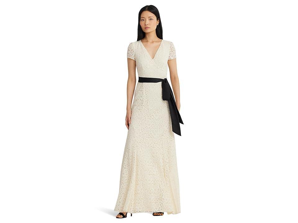 Lauren Ralph Lauren Belted Lace Gown (Mascarpone Cream/Black) Women's Dress Product Image