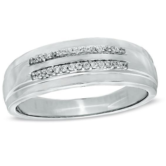 Men's 1/10 CT. T.w. Diamond Double Row Wedding Band in 10K White Gold Product Image