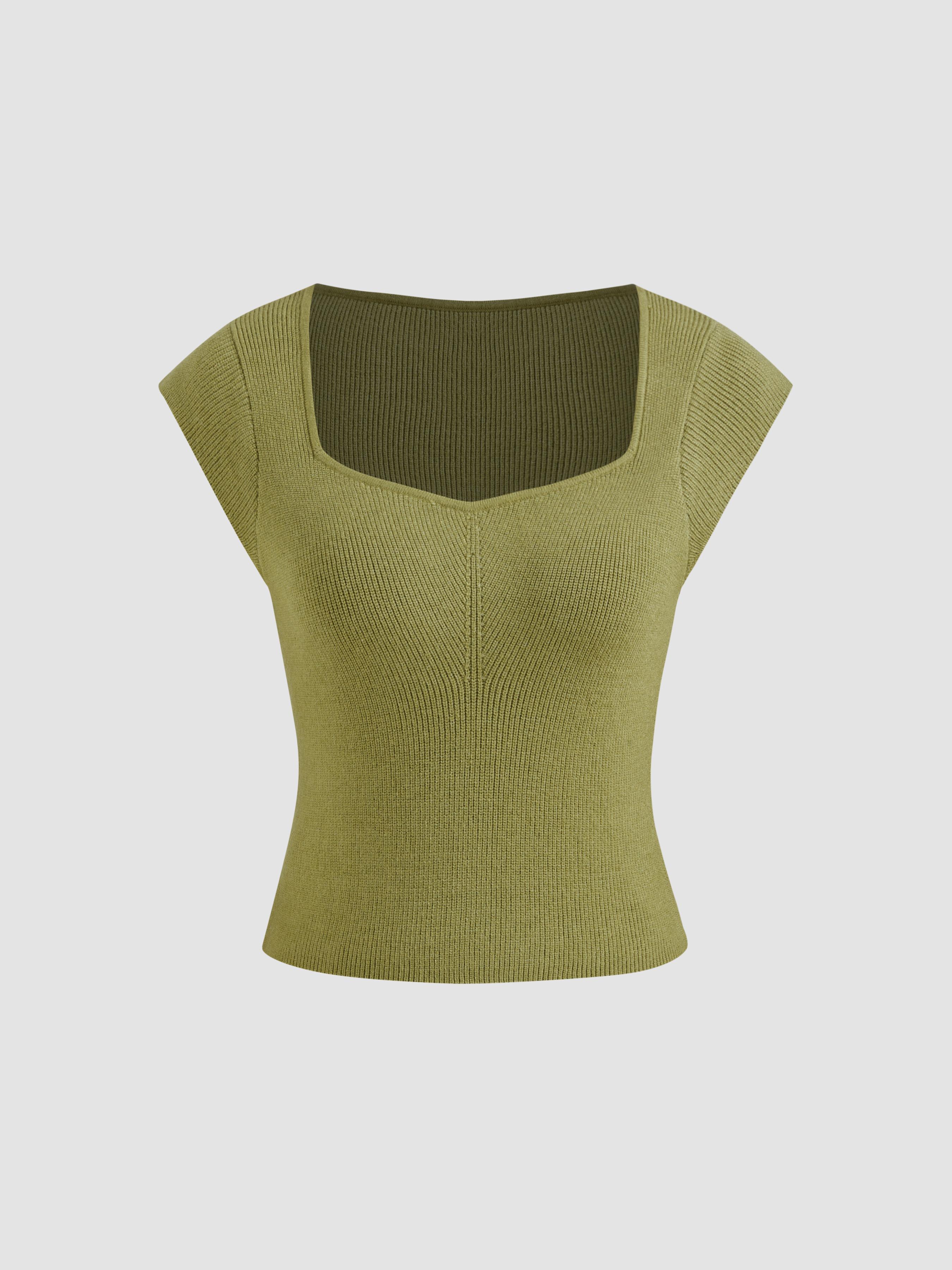 Square Neck Solid Knitted Short Sleeve Crop Top Product Image