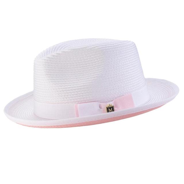 Braided Stingy Brim Pinch Fedora Hat - White with Pink Bottom Product Image