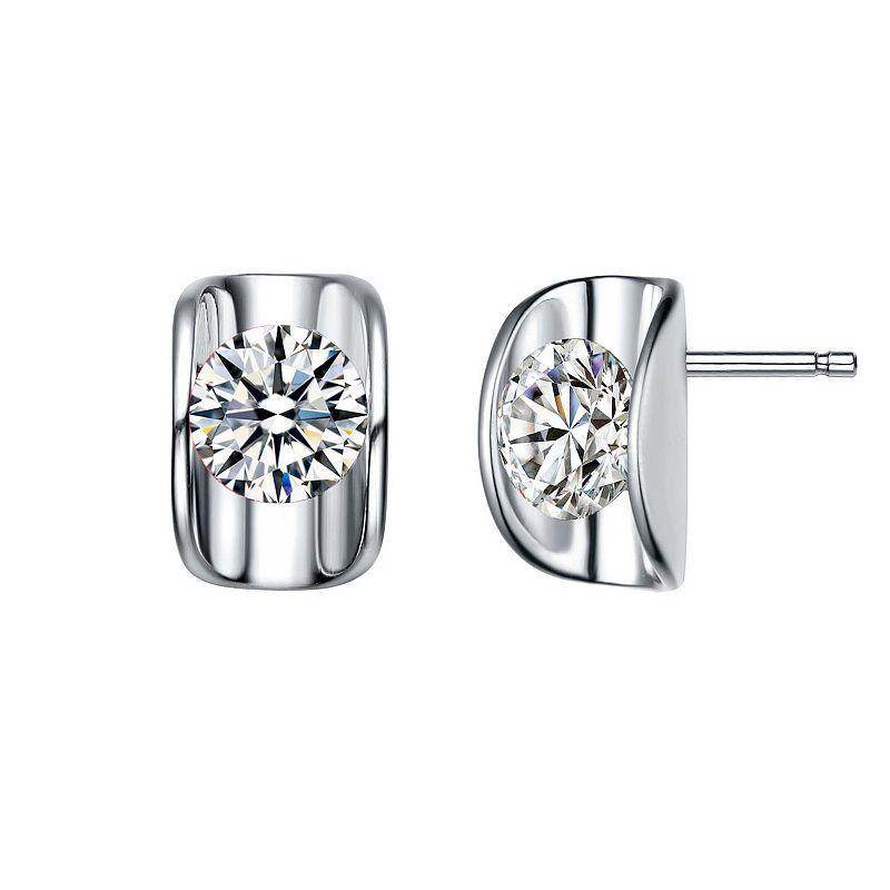 Sterling Silver Curved Frame Cubic Zirconia Stud Earrings, Womens Product Image