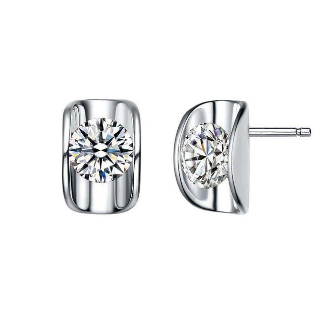 Sterling Silver Curved Frame Cubic Zirconia Stud Earrings, Womens, White Product Image