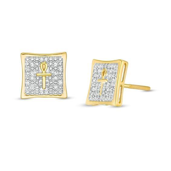 Men's 1/10 CT. T.w. Diamond Concave Square with Ankh Stud Earrings in 10K Gold Product Image