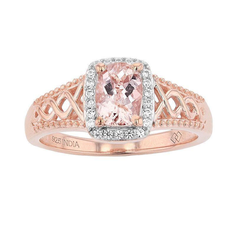 14k Rose Gold Over Silver Morganite & White Zircon Cushion Halo Ring, Womens Pink Product Image