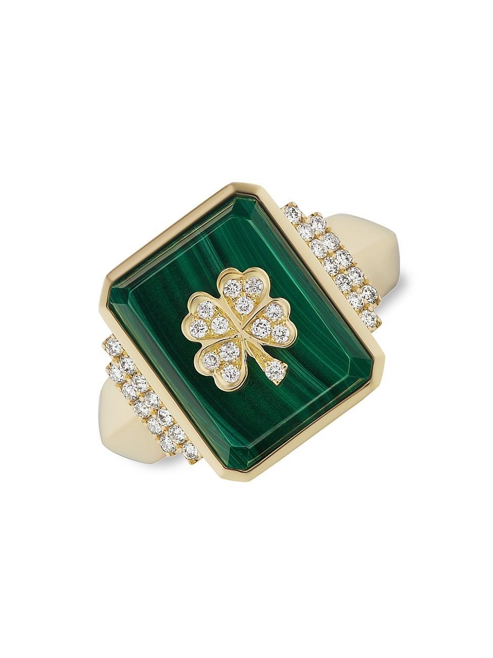 Womens 18K Yellow Gold, Malachite & Diamond Clover Signet Ring Product Image