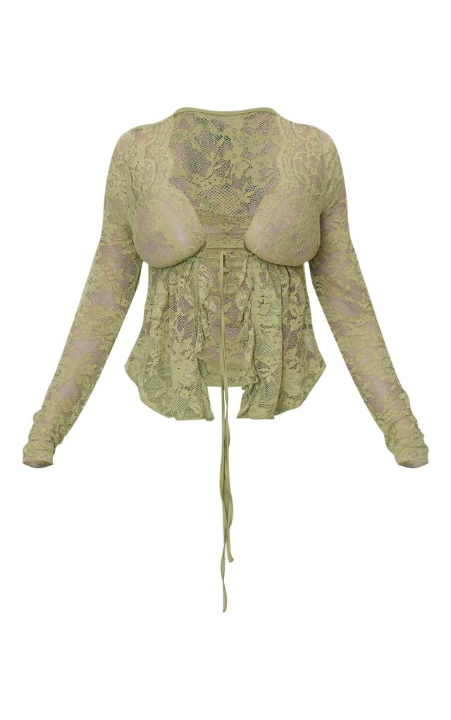 Shape Olive Lace Tie Split Front Long Sleeve Top Product Image