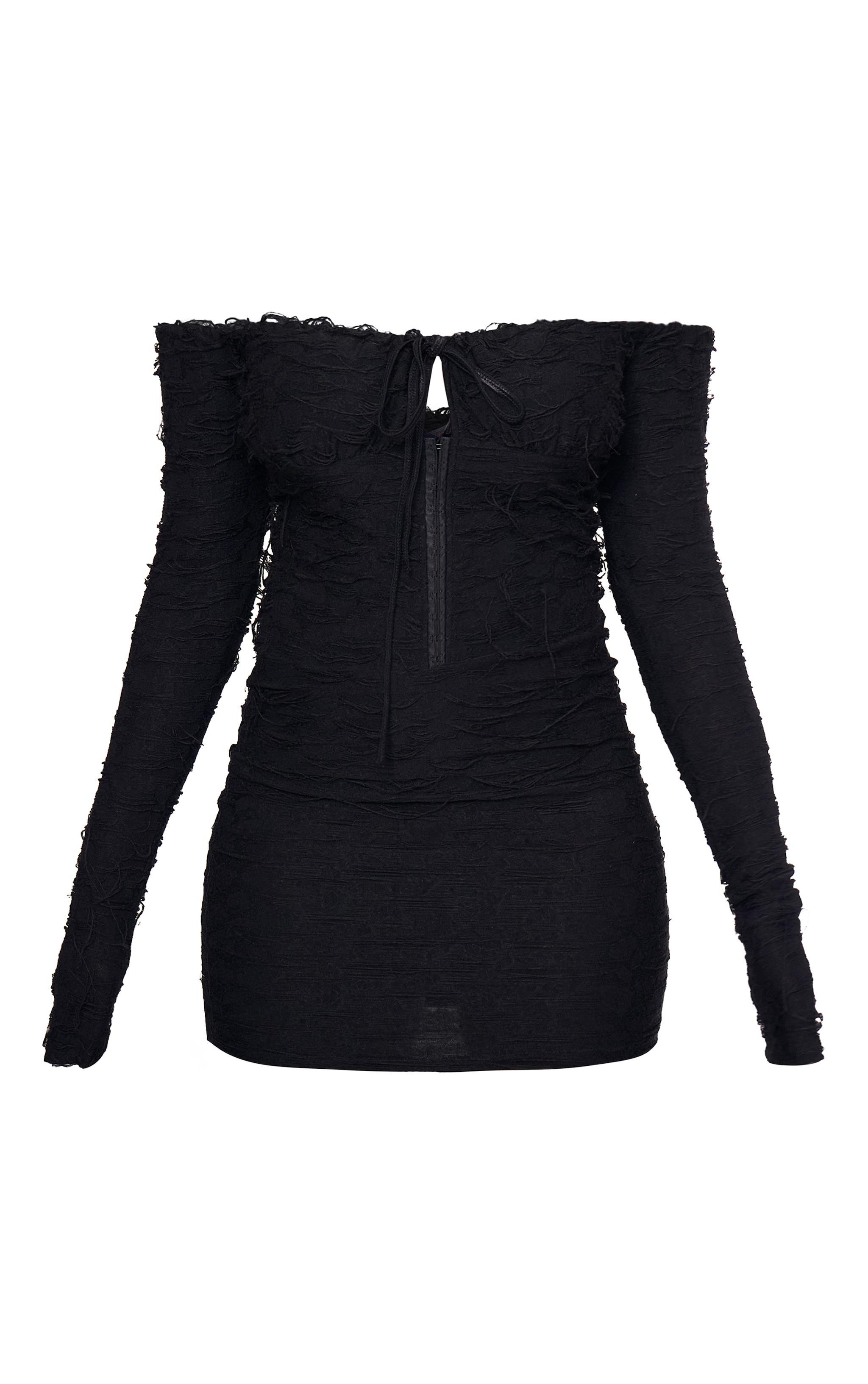 Black Textured Bardot Long Sleeve Cup Detail Tie Front Mini Dress Product Image