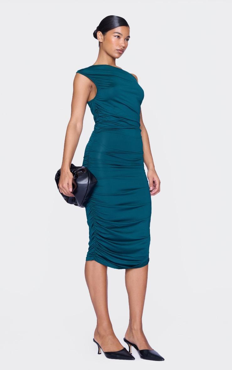 Emerald Green Slinky One Shoulder Ruched Longline Midi Dress Product Image