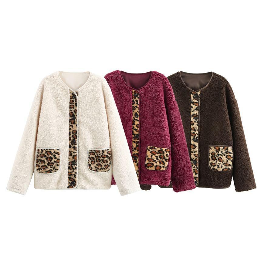 Crewneck Leopard Panel Zip-Up Jacket Product Image