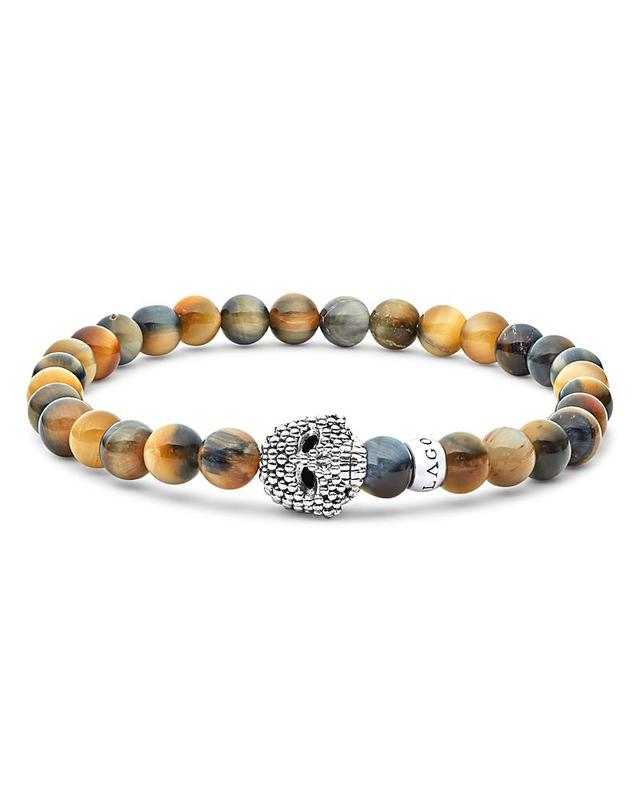 Lagos Mens Sterling Silver Anthem Tiger Eye Bead Skull Stretch Bracelet - 100% Exclusive Product Image