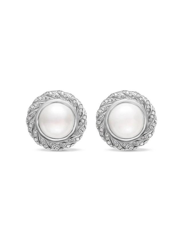 Womens Pearl Classics Cable Halo Button Earrings in Sterling Silver with Diamonds, 18.8MM Product Image