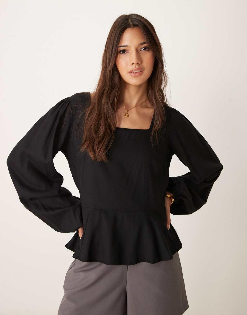 ASOS DESIGN volume puff sleeve smock top with in black Product Image