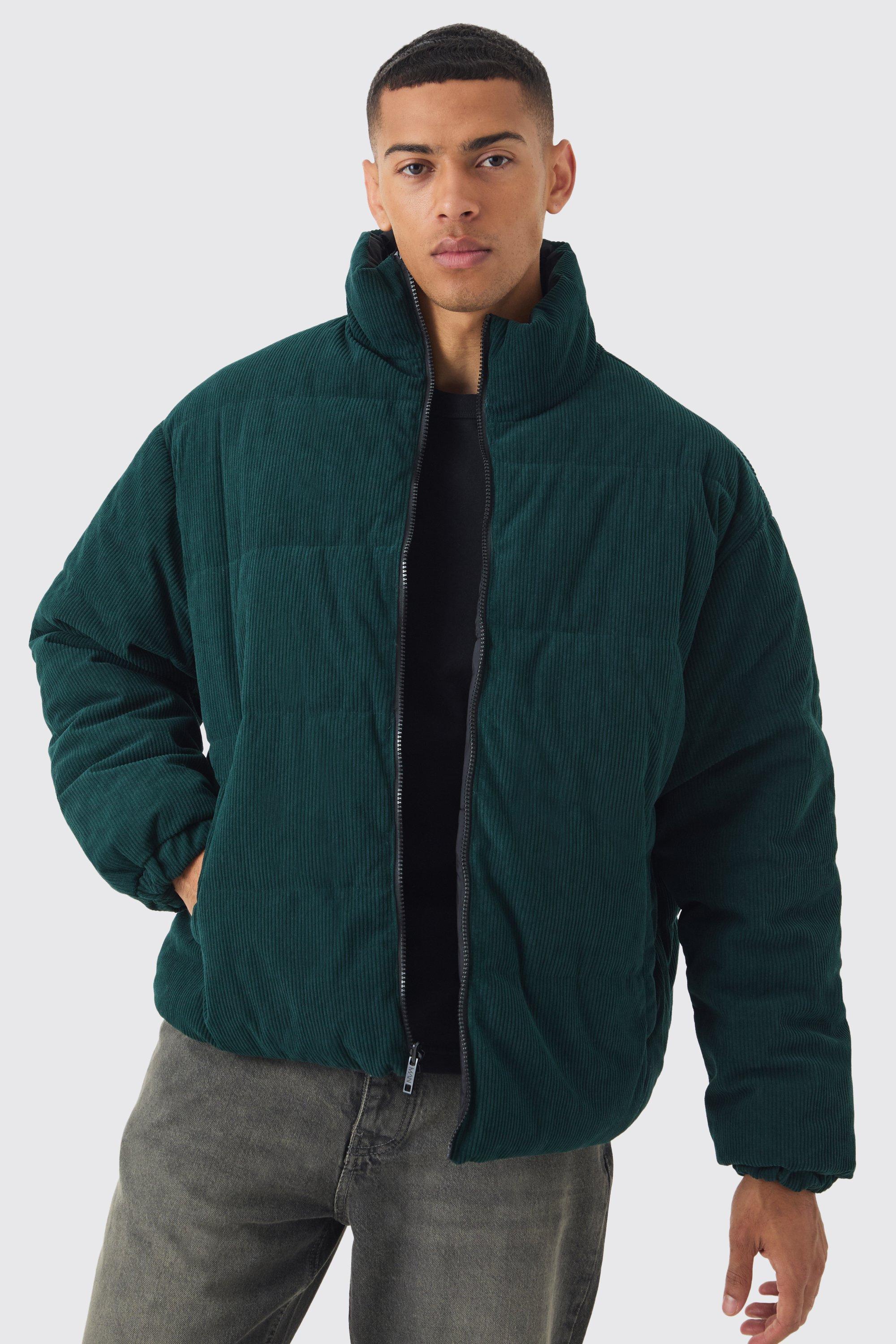 Reversible Cord And Nylon Puffer Jacket In Green | boohooMAN USA product image