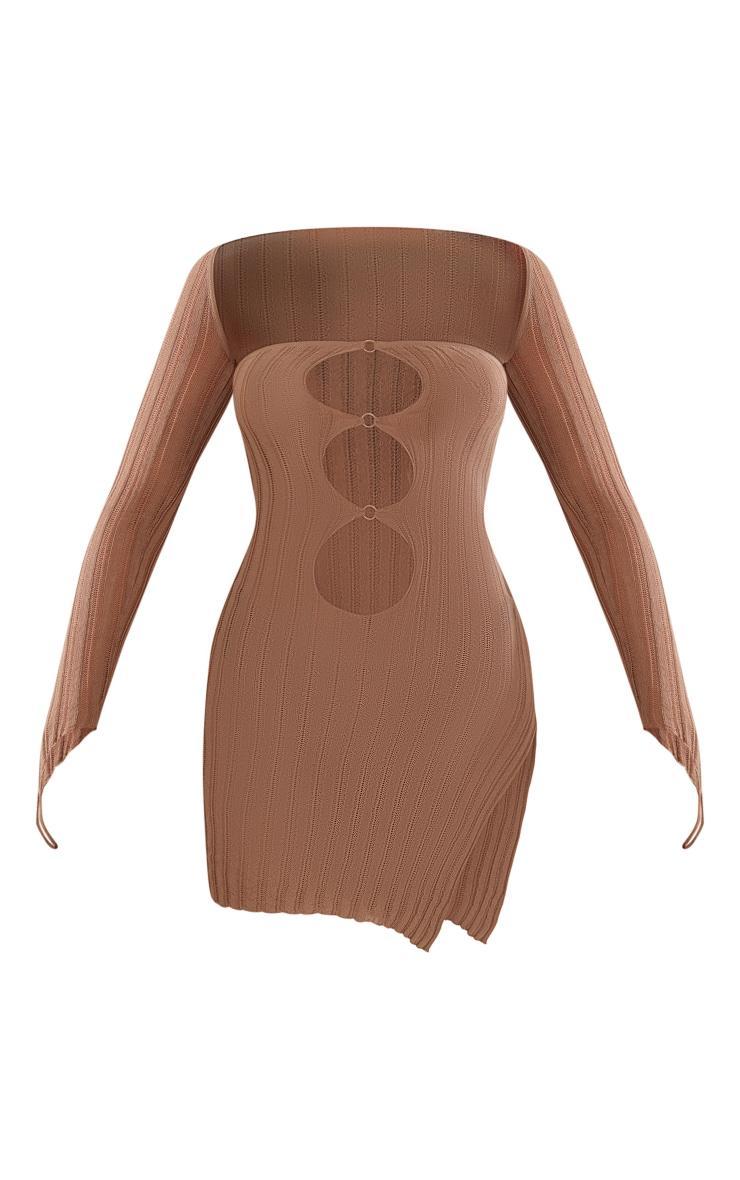 Mocha Distressed Sheer Knit Cut Out Side Split Dress & Sleeves Product Image