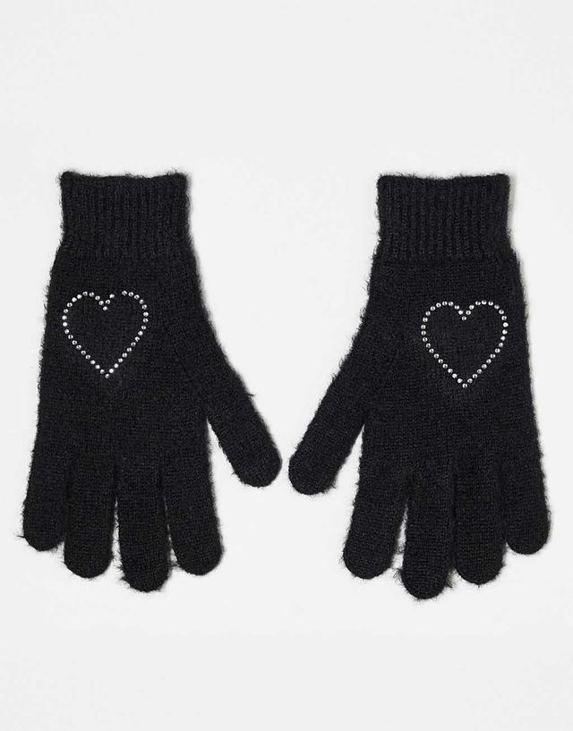 Monki gloves with rhinestone heart in black Product Image