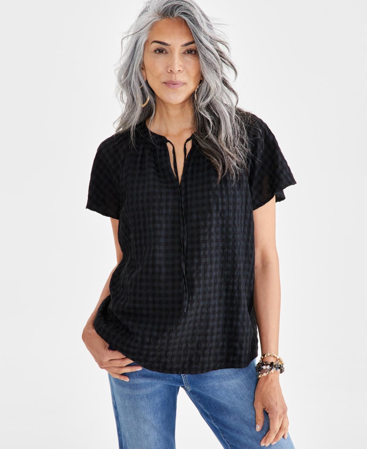 Women's Seersucker Split-Neck Flutter Sleeve Top, Created for Macy's Product Image