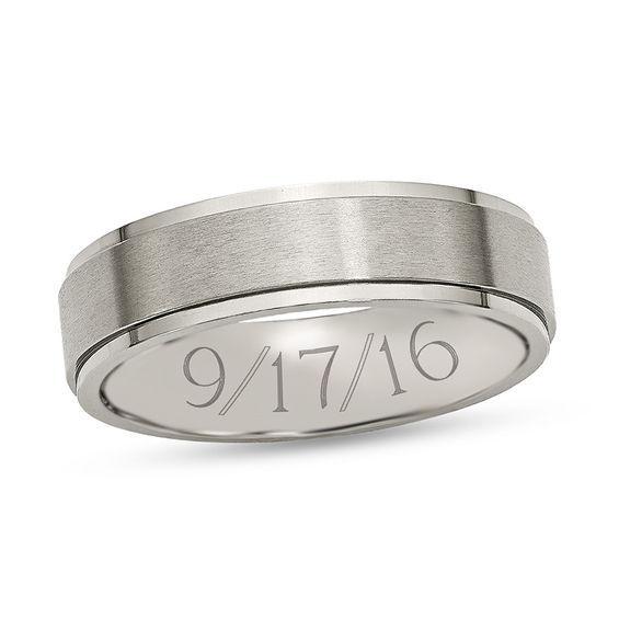 Men's 6.0mm Engravable Brushed Stepped Edge Wedding Band in Titanium (1 Line) Product Image