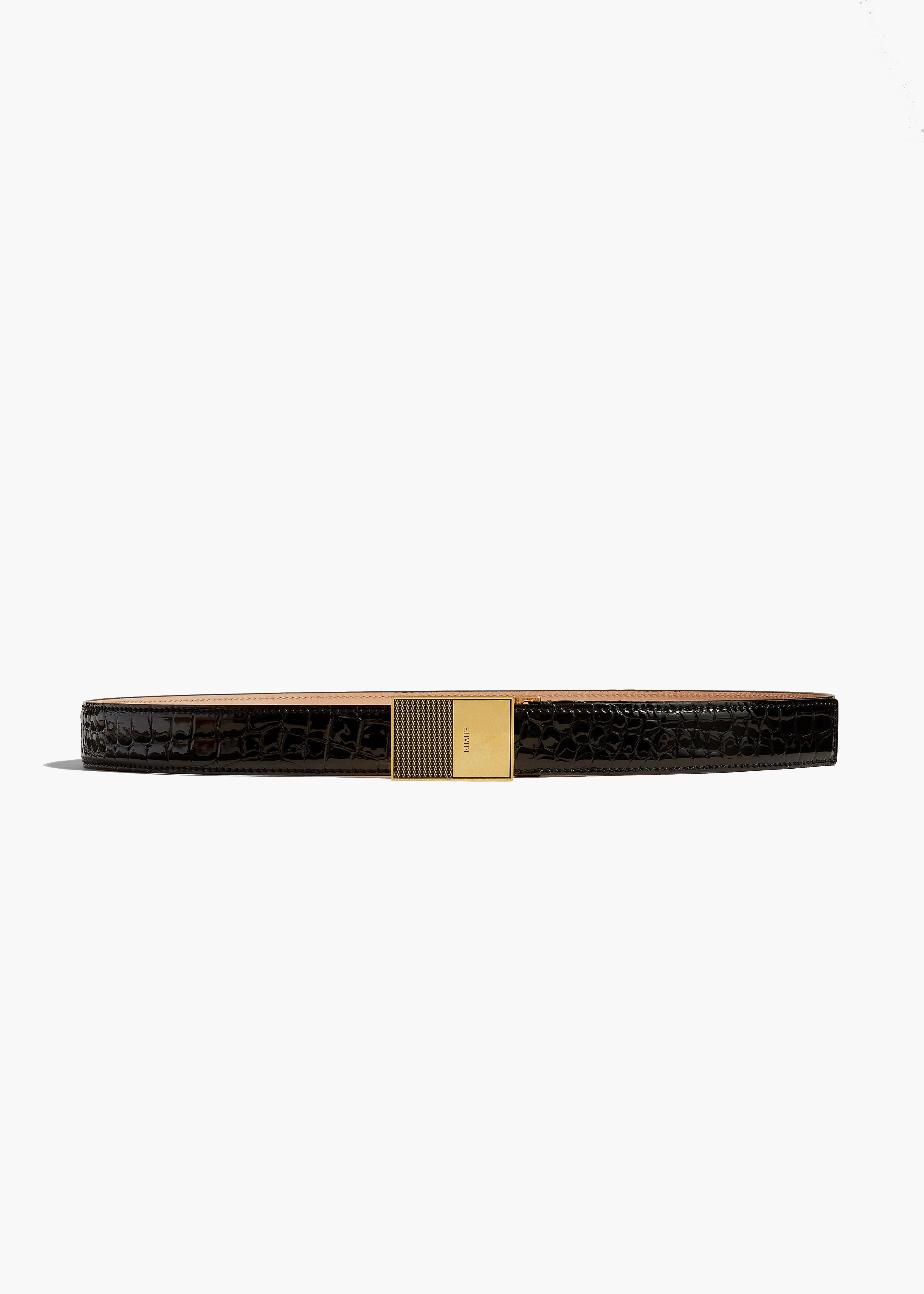 Elio Belt in Black Croc-Embossed Leather with Antique Gold Product Image