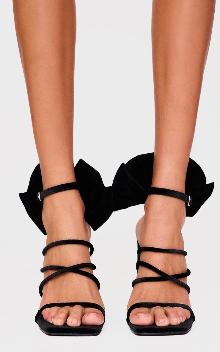 Black Velvet Square Toe Bow High Block Heeled Sandals Product Image