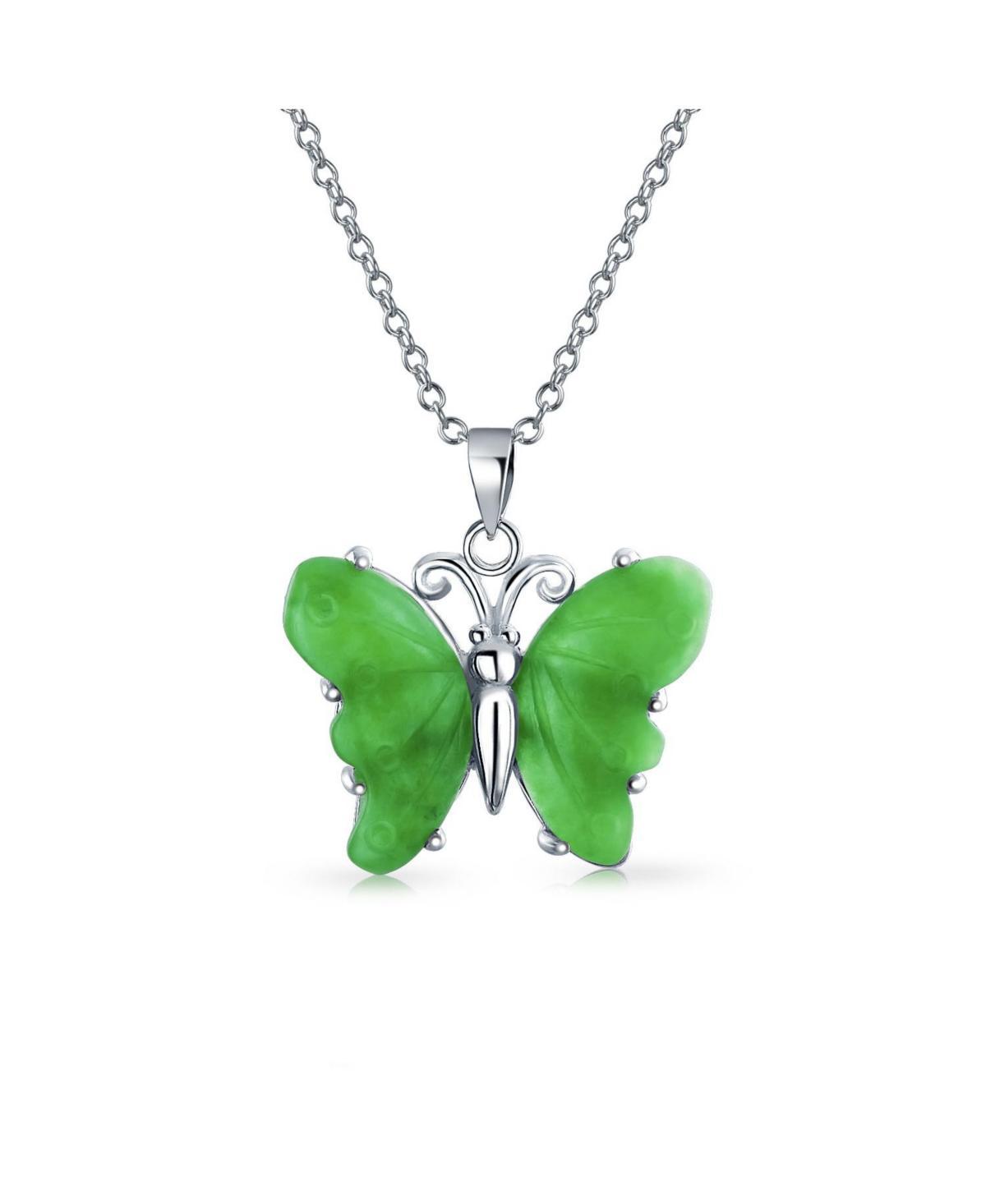 Handcrafted Carved Green Gemstone Jade Garden Butterfly Pendant Necklace For Women .925 Sterling Silver With Chain Product Image