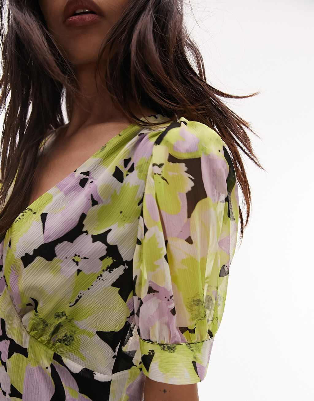 Topshop Bella V-neck printed mini tea dress in lemon and lilac floral  Product Image