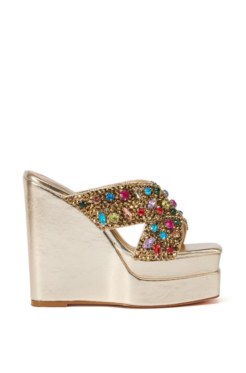 AZALEA WANG CHEERY GOLD EMBELLISHED WEDGE SANDAL Product Image