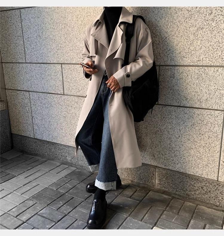 Lapel Collar Plain Double-Breasted Long Trench Coat Product Image