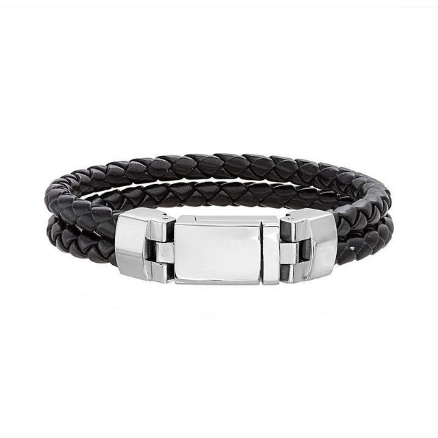 Mens 1913 Black Leather Double Strand Braided Bracelet Silver Product Image