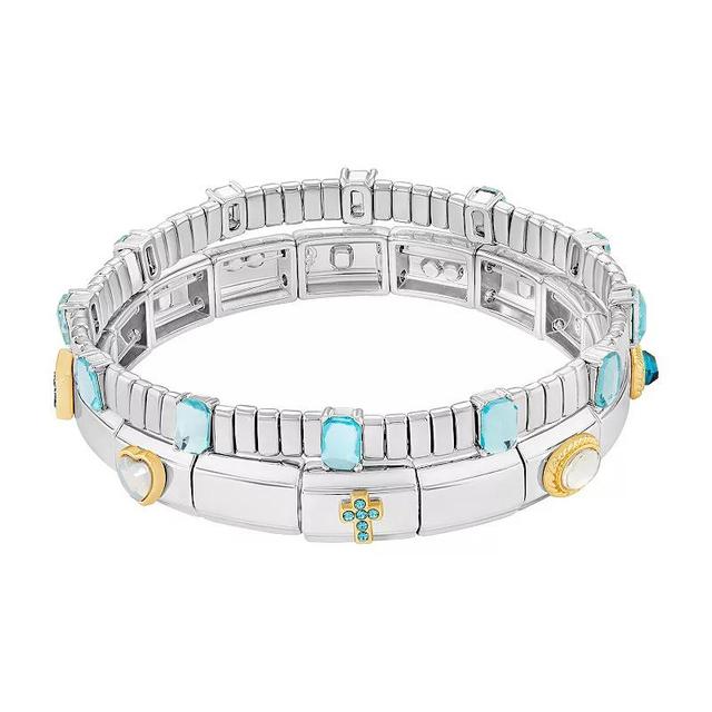 Brilliance Two Tone Multi-Color Glass Stone & Resin Double Stretch Bracelet Duo Set, Womens, Silver Tone Team Product Image