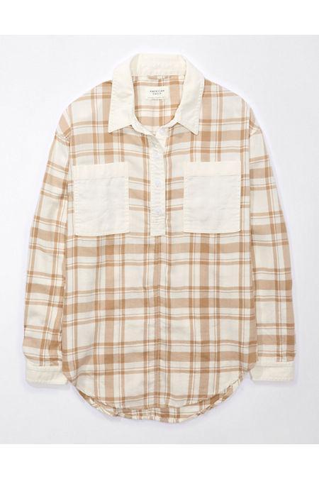 AE Oversized Plaid Pullover Shirt Womens Cream XL Product Image