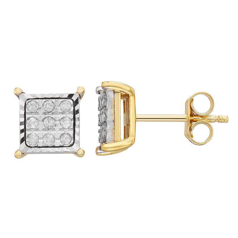 Sterling Silver 1/6 Carat T.W. Diamond Square Stud Earrings, Womens, Yellow Gold Tone Product Image