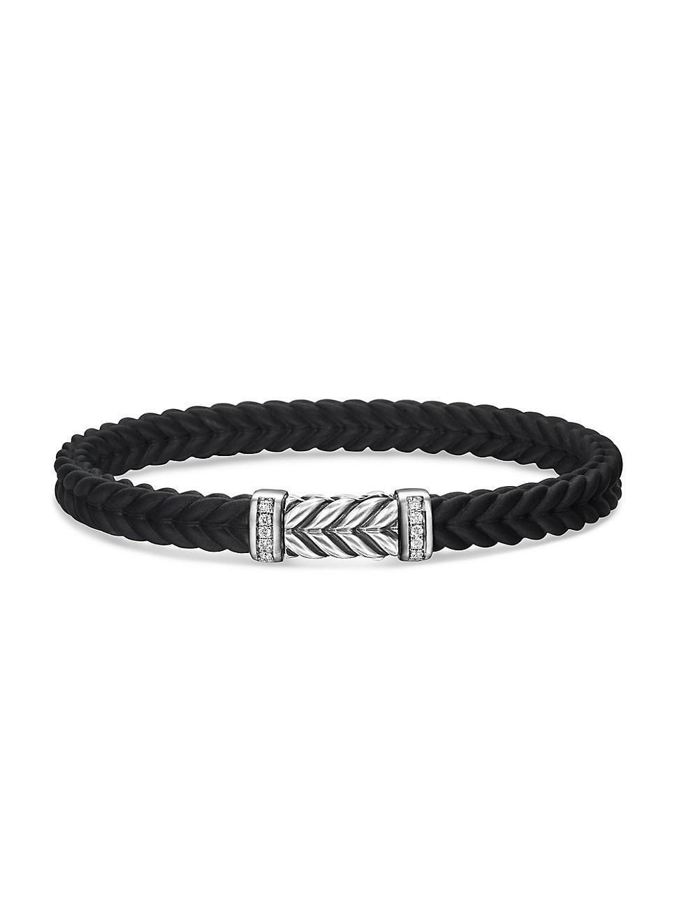 Mens Chevron Black Rubber Bracelet with Silver and Diamonds, 6mm Product Image