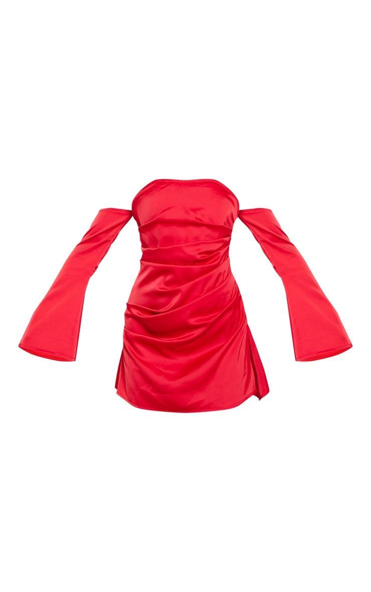 Red Satin Corset Bardot Ruched Long Sleeve Shift Dress Product Image