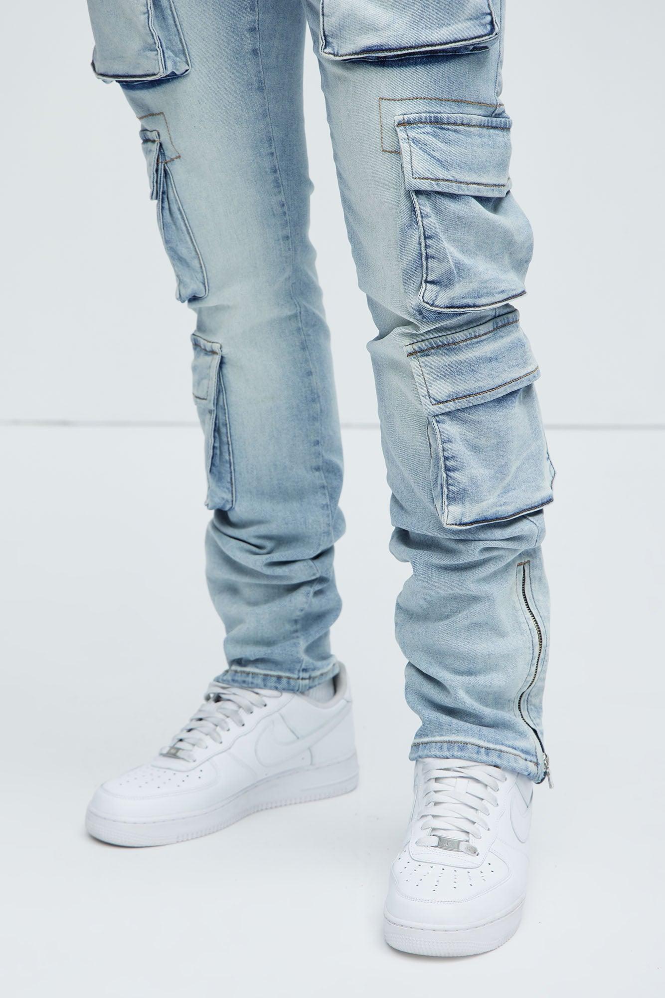 Three Cargo Stacked Skinny Zipper Flare Jeans - Light Wash Product Image