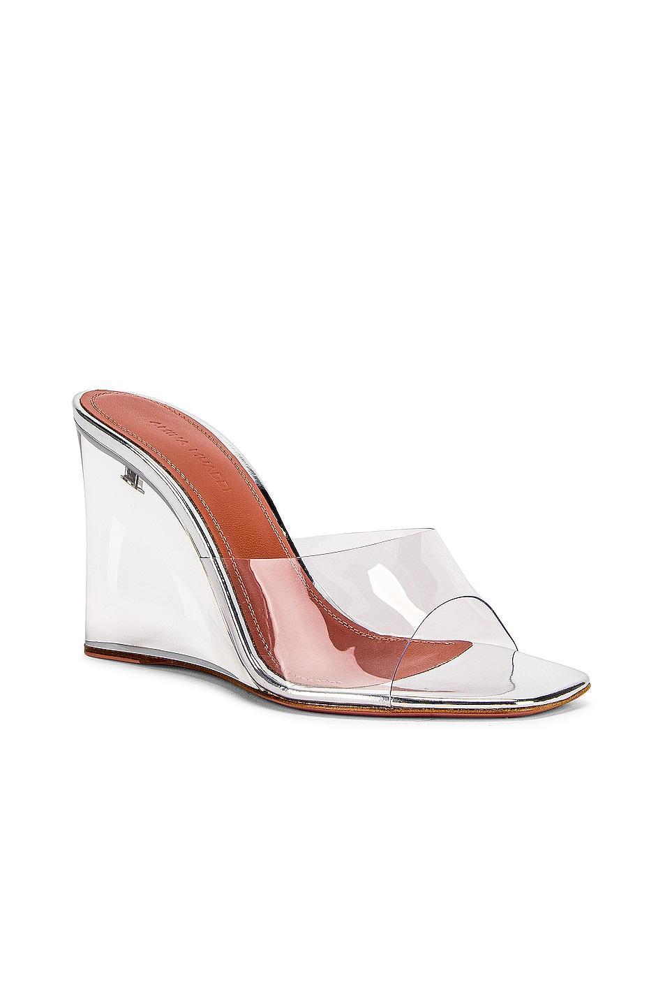 AMINA MUADDI Lupita Glass Wedge in Transparent - Metallic Silver. Size 42 (also in 35). Product Image