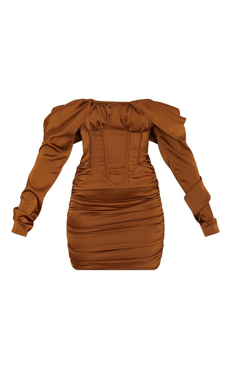 Chocolate Satin Drape Bardot Sleeve Ruched Back Bodycon Dress Product Image