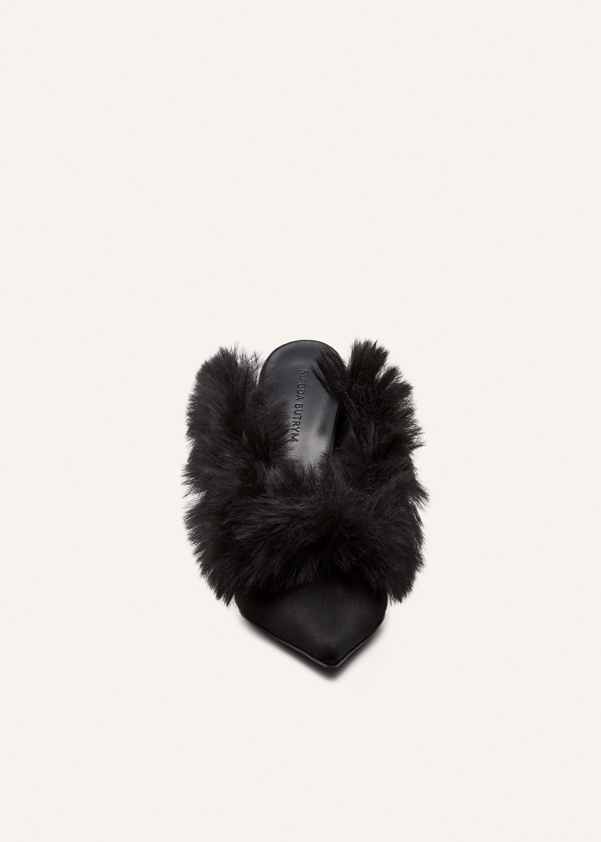 Pointed-toe faux-fur mules in black satin Product Image