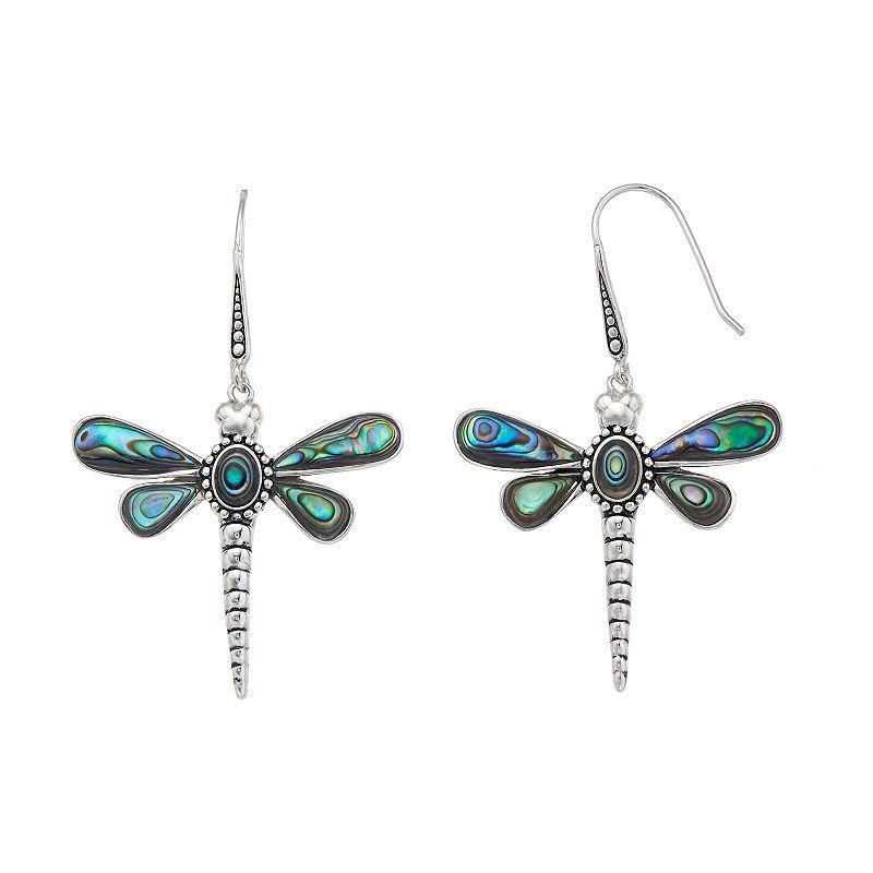 Sterling Silver Abalone Dragonfly Drop Earrings, Womens Product Image