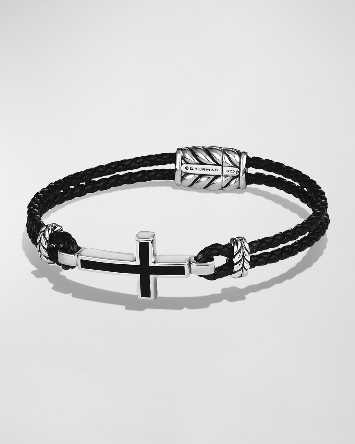 Mens Exotic Stone Cross Black Leather Bracelet with Black Onyx Product Image