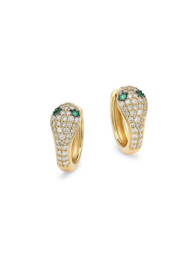 Womens 14K Yellow Gold, Diamond & Emerald Snake Huggie Hoop Earrings Product Image